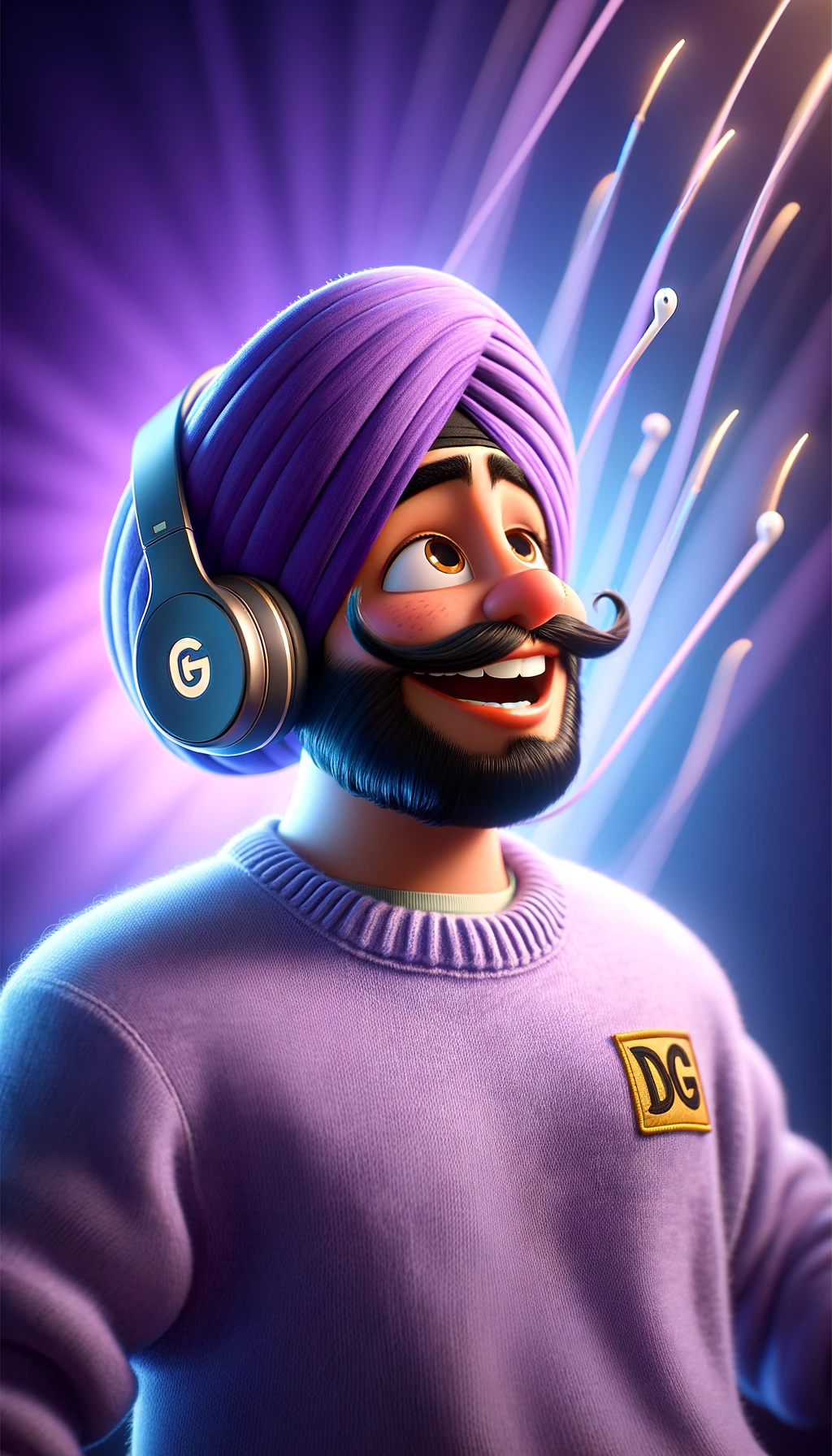DALL·E 2024 01 18 20.42.57 Disney Pixar animation style scene depicting a 25 year old Punjabi boy with a handlebar mustache wearing a purple turban and a pale purple jumper wit Dollar Gill- Portrait Photographer Based in Sydney
