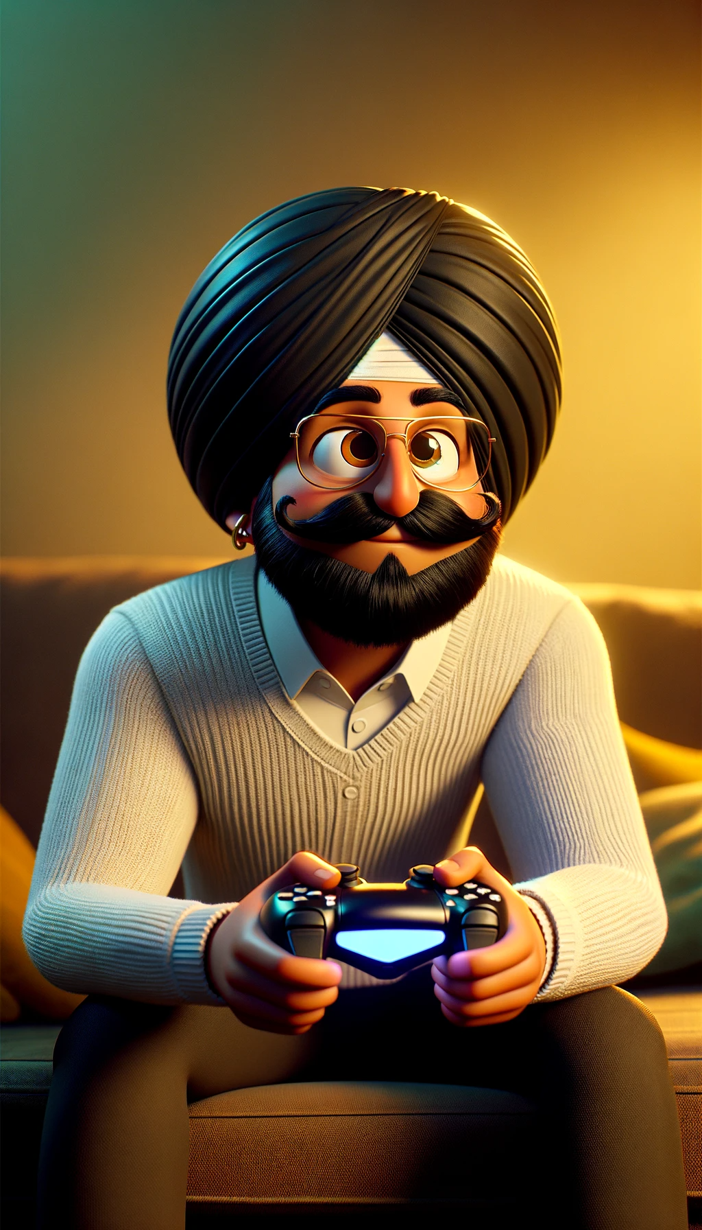DALL·E 2024 01 18 20.49.43 A full body image of a Punjabi character in Disney Pixar animation style now playing a game on a PS5 console. He wears a black turban a handlebar mu Dollar Gill- Portrait Photographer Based in Sydney
